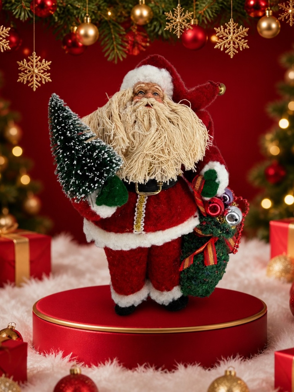 Vintage Santa Claus Christmas Tree Ornament Plush Felt Holiday Decor